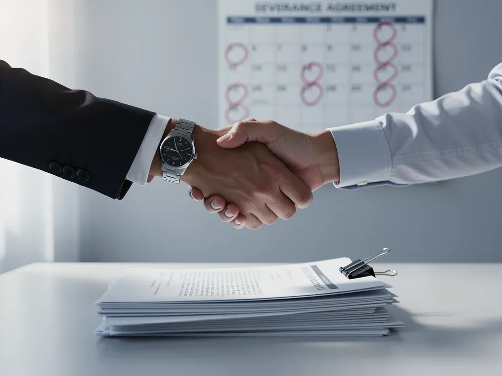 Hands shaking over severance documents, calendar in background
